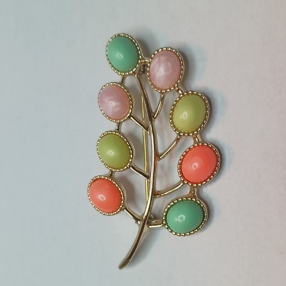 Signed SARAH COVENTRY Multi-Color "Stone" FLOWER BROOCH Orange Yellow Pink VTG - Picture 4 of 6